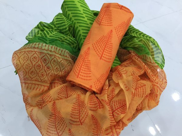 Jaipur ocher tree pigment print cotton salwar kameez set with pure chiffon dupatta