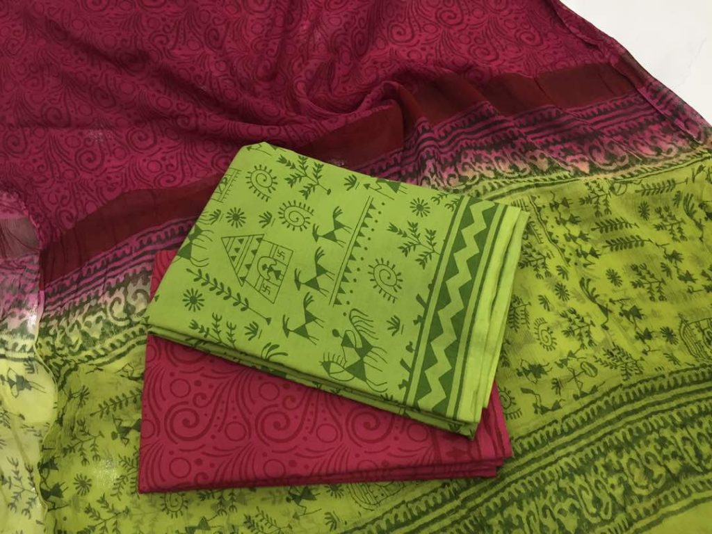 Chartreuse green pigment hut print cotton salwar kameez with chiffon dupatta