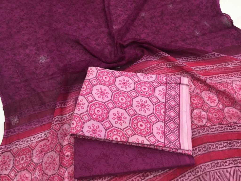 Natural violet pigment print cotton salwar kameez set with pure chiffon dupatta