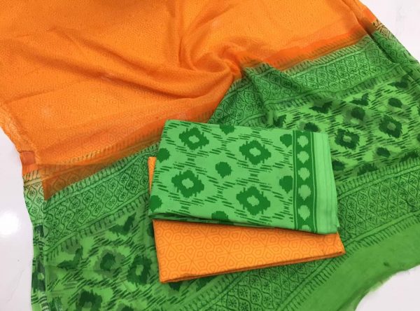 Jaipuri emerald pigment print cotton suit with pure chiffon dupatta