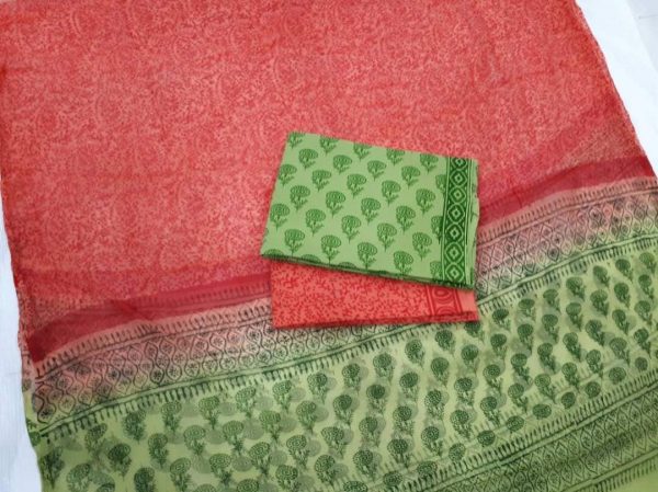 Natural emerald pigment booty print cotton salwar kameez set with chiffon chunni