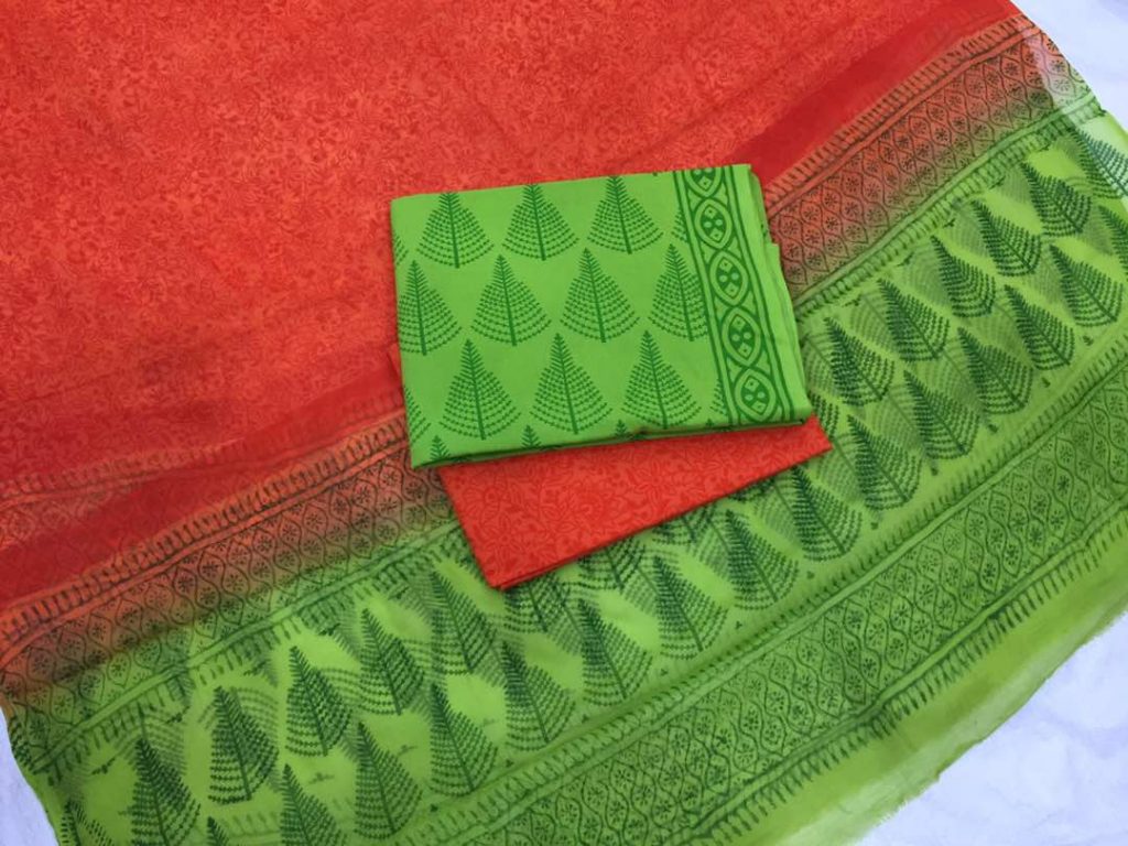 Jaipuri harlequin pigment tree print pure cotton salwar suit with chiffon chunni
