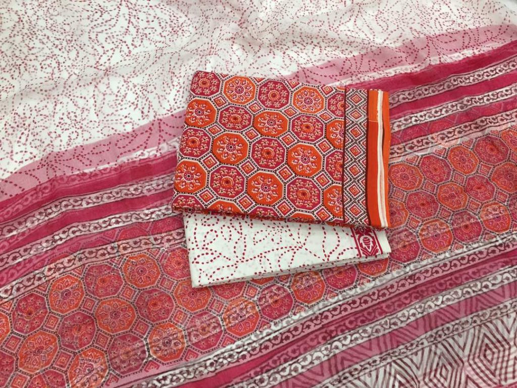 Crimson orange-red pigment print pure cotton salwar suit set with chiffon chunni