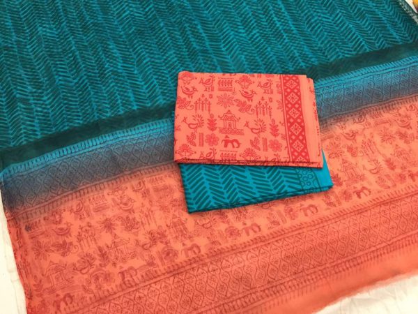 Coral pigment bagru print cotton salwar kameez set with pure chiffon chunni