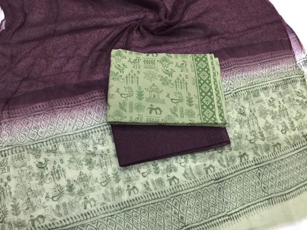 Ladies olive pigment bagru print cotton salwar suit set with pure chiffon chunni