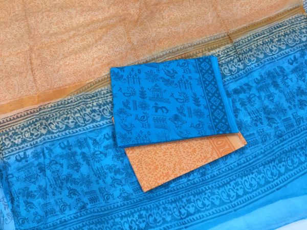 Unstitched azure pigment print pure cotton salwar suit set with chiffon chunni