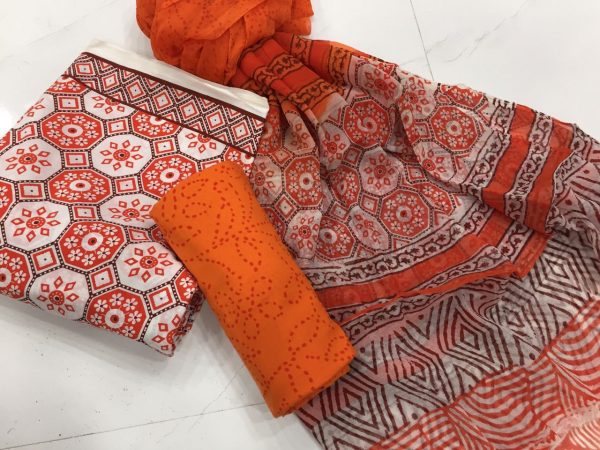 Natural orange red pigment print cotton suit set with chiffon dupatta