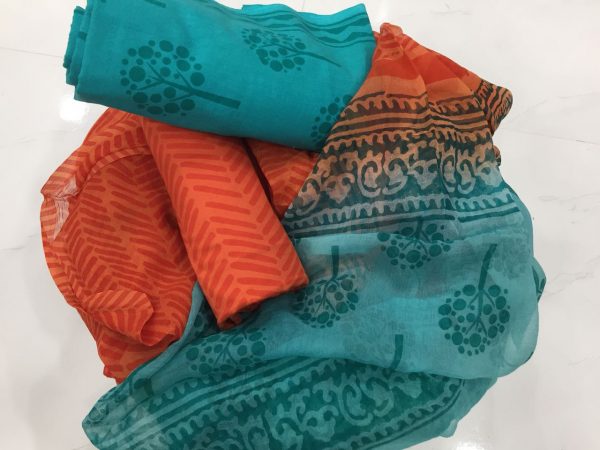 Orange-red blue-green pigment print cotton salwar suit with chiffon dupatta