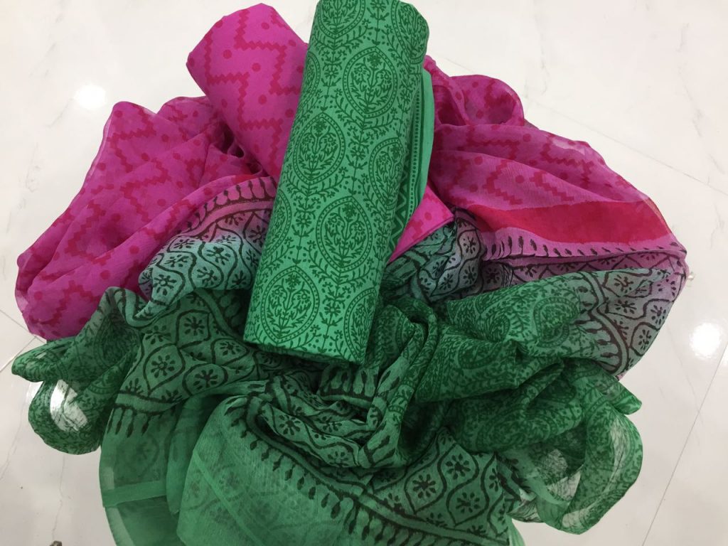 Jade ruby pigment print pure cotton suit set with pure chiffon dupatta