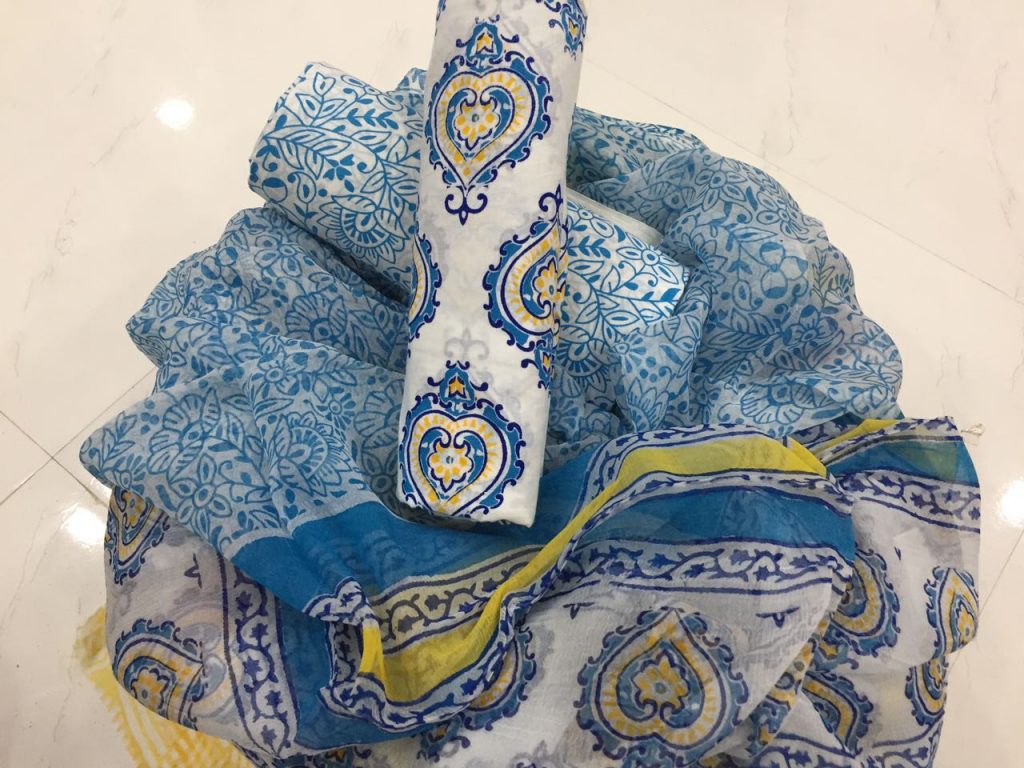 Jaipuri ivory pigment print cotton salwar suit with chiffon dupatta
