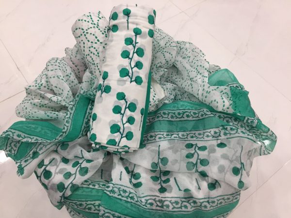 Exclusive white pigment print cotton salwar kameez set with chiffon dupatta