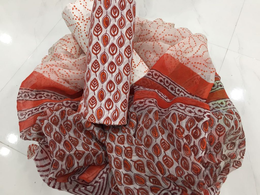 White orange-red pigment print cotton suit with pure chiffon dupatta