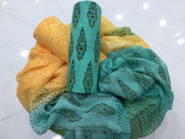 Blue-green lemon pigment print pure cotton suit set with chiffon chunni