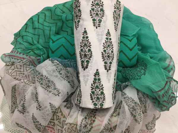Ivory jade pigment print cotton salwar kameez set with chiffon chunni