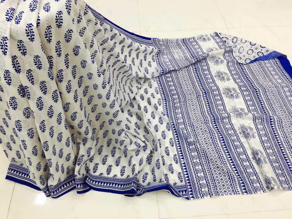 White blue pigment booty print party wear pure cotton mulmul saree with blouse piece