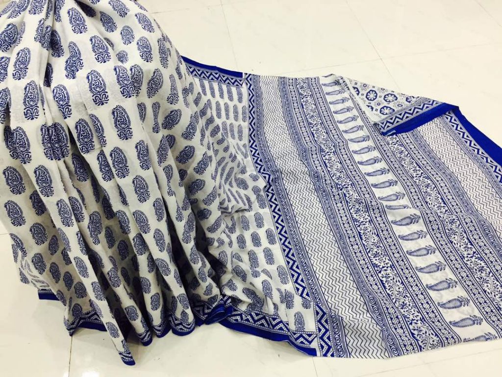 White blue pigment booty print party wear pure acotton mulmul saree with blouse