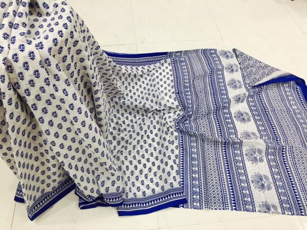 Natural white blue pigment booty print party wear pure cotton mulmul saree with blouse