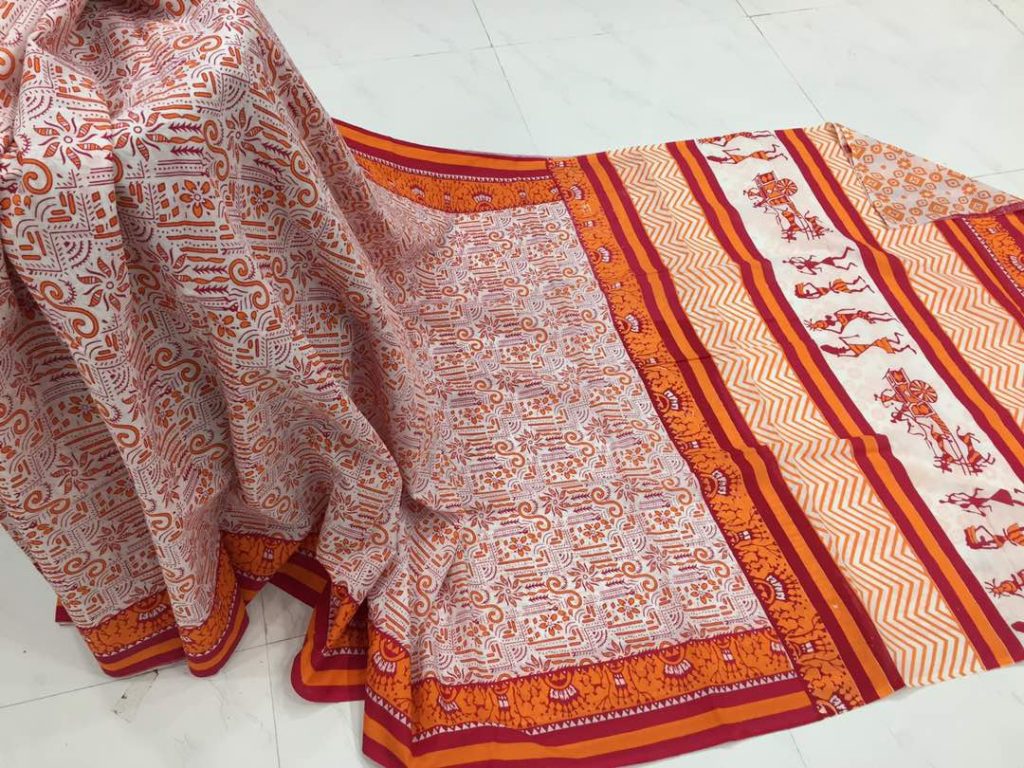 Orange pigment baggi print party wear pure cotton mulmul saree with blouse piece