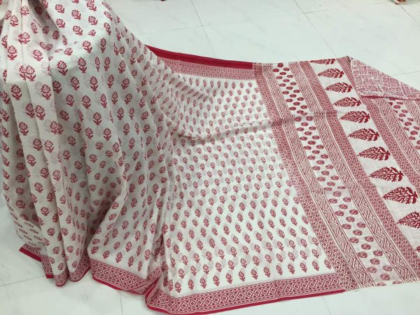 White red pigment booty print party wear pure cotton mulmul saree with blouse