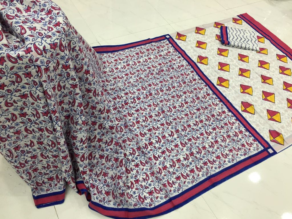 White red pigment floral print party wear pure cotton mulmul saree with blouse