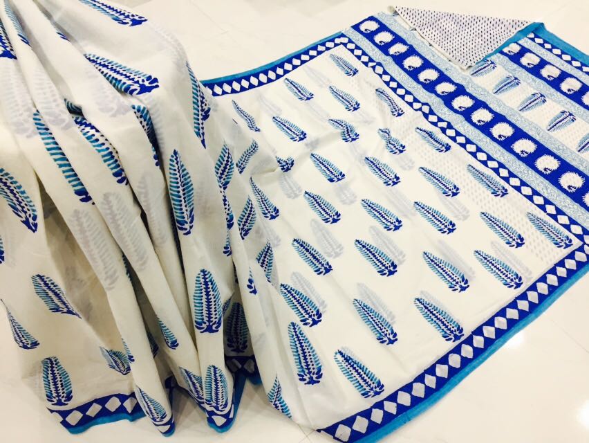White blue pigment leaf print party wear pure cotton mulmul saree with blouse piece