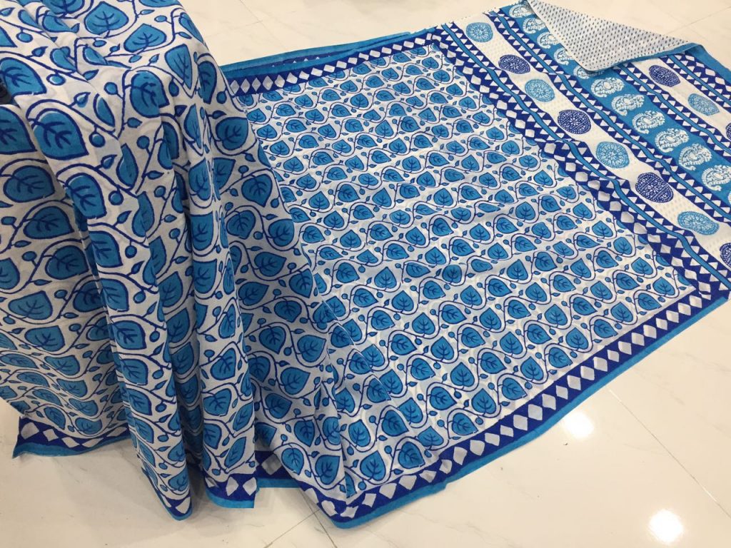 White blue pigment leaf print office wear pure cotton mulmul saree with blouse piece