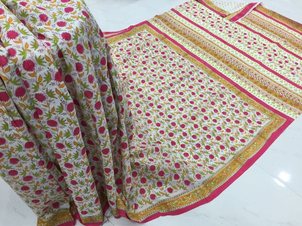 Natural white pigment floral print office wear pure cotton mulmul saree with blouse piece