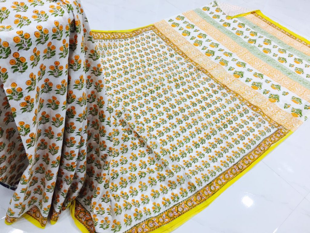 Natural white pigment booty print party wear pure cotton mulmul saree with blouse piece