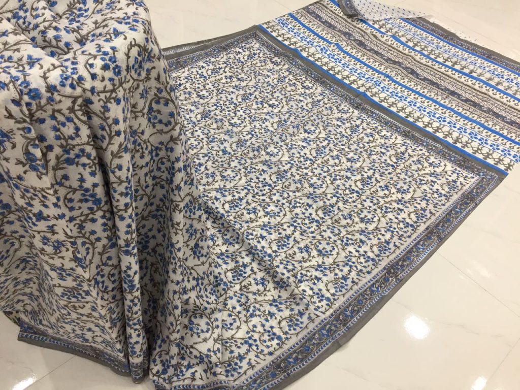 Natural champagne pigment booty print party wear pure cotton mulmul saree with blouse piece