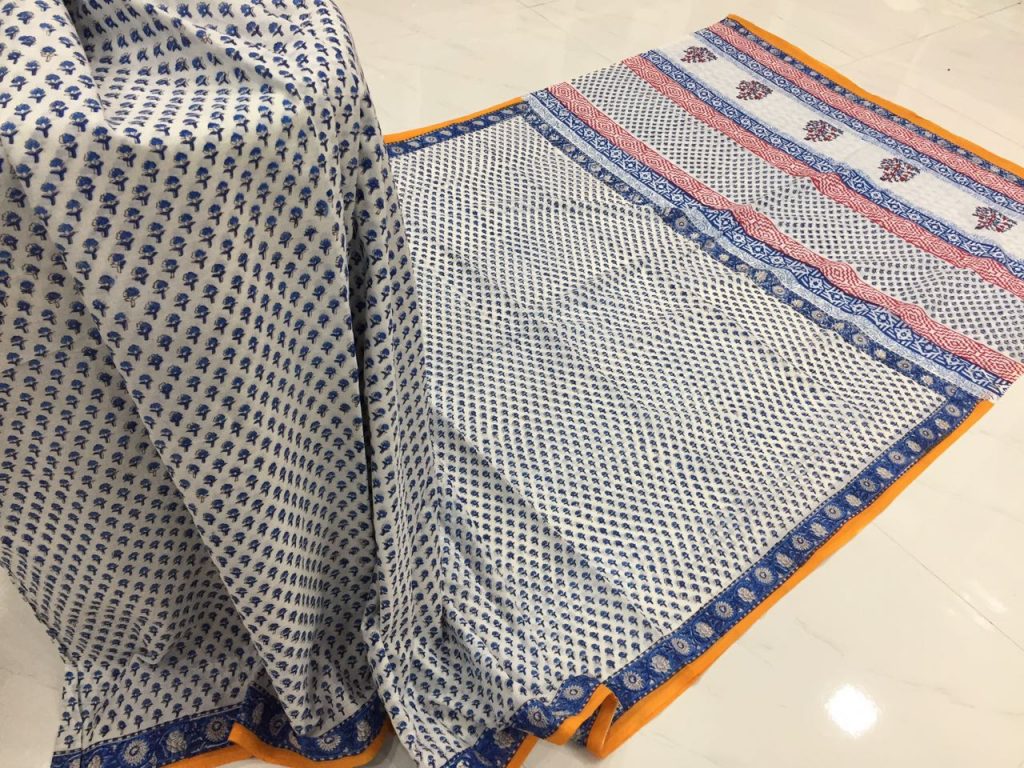 White blue pigment booty print party wear pure mulmul cotton sarees with blouse piece