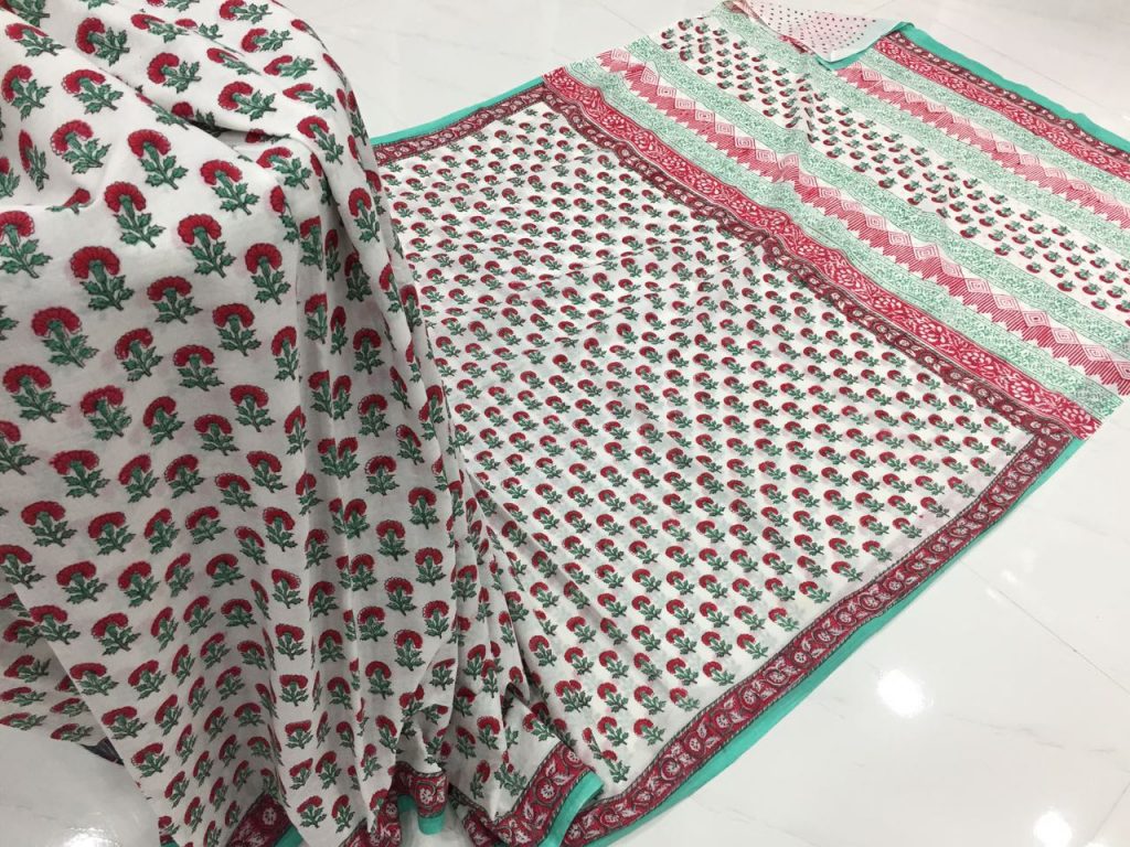 White red pigment booty print party wear pure mulmul cotton sarees with blouse piece
