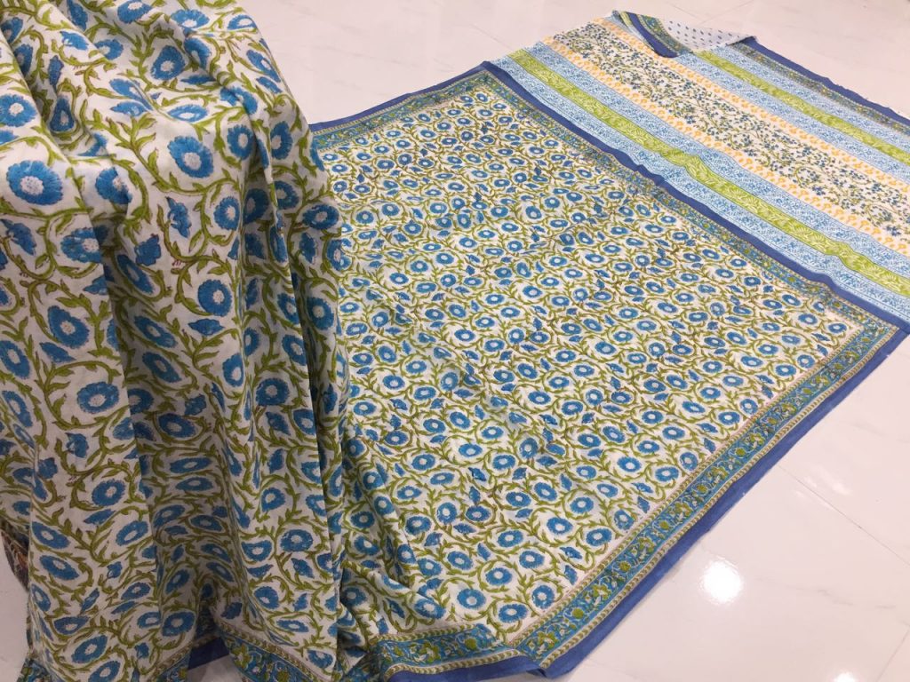 White olive floral pigment booty print party wear pure mulmul cotton sarees with blouse piece