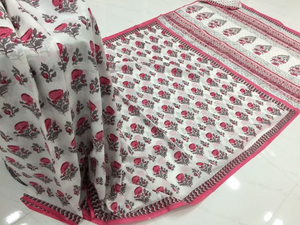 White red pigment booty print office wear pure mulmul cotton sarees with blouse piece