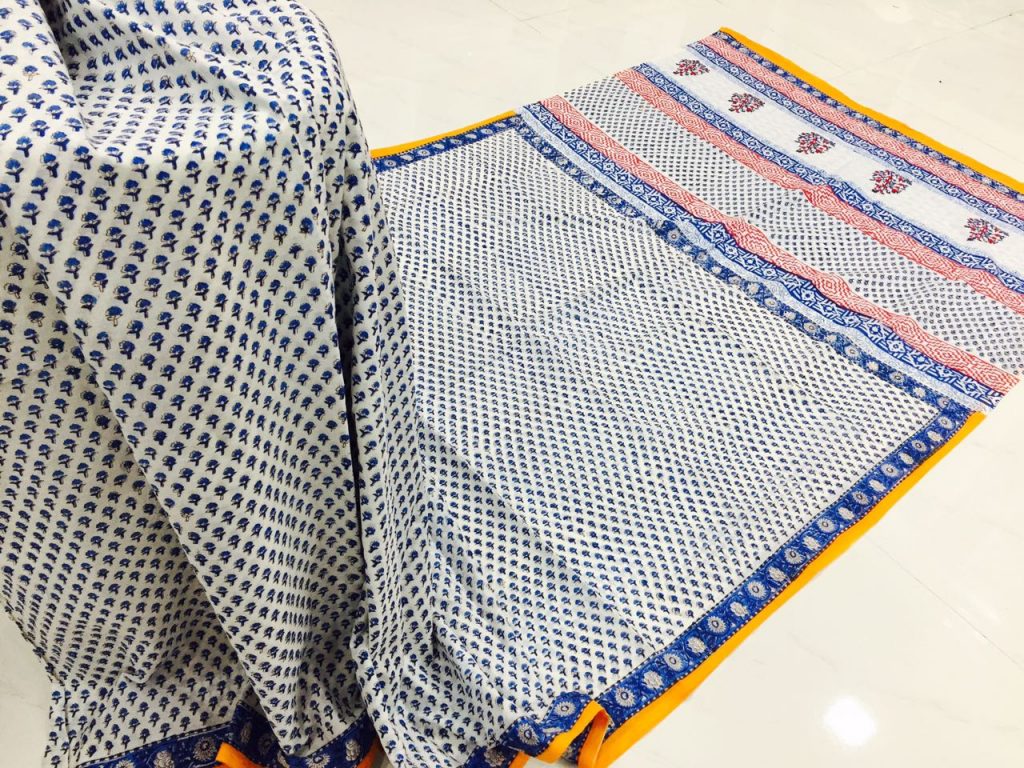 Jaipuri white blue pigment booty print party wear pure mulmul cotton sarees with blouse piece