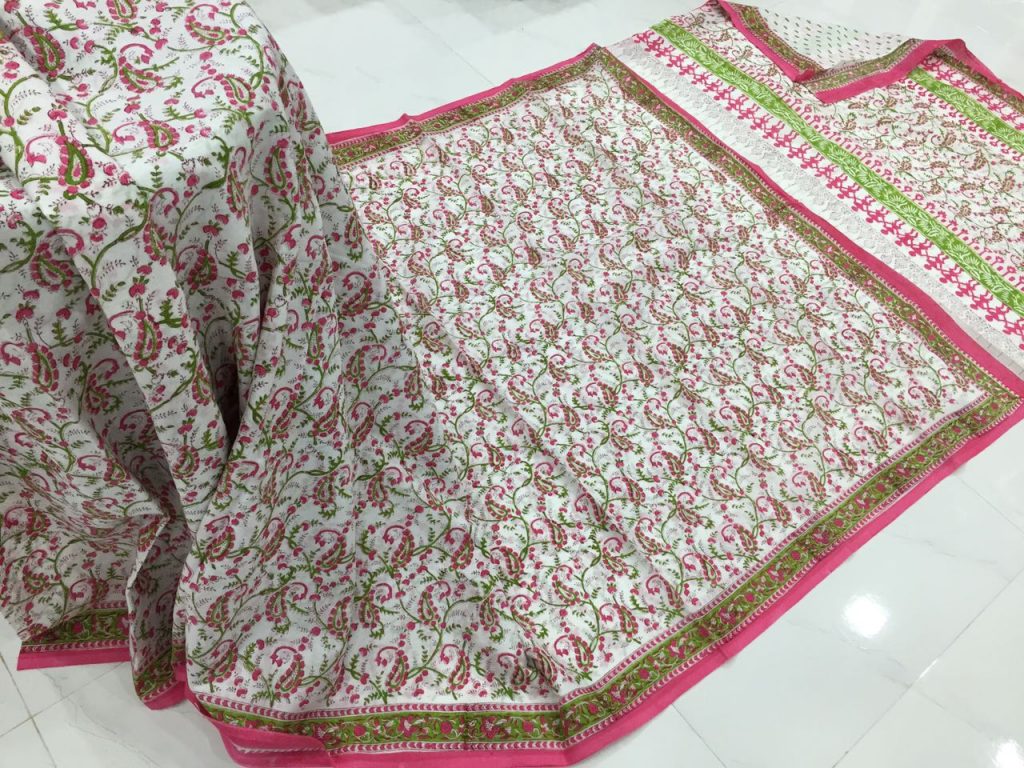 Jaipuri white floral pigment print office wear pure mulmul cotton sarees with blouse piece