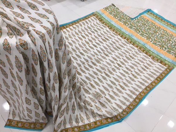 Ladies white booty pigment print party wear pure mulmul cotton sarees with blouse piece