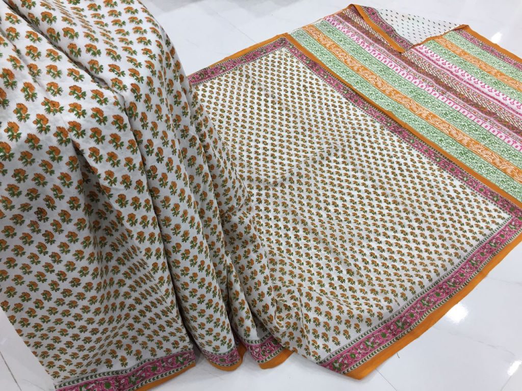 Ladies white booty pigment print office wear pure mulmul cotton sarees with blouse piece