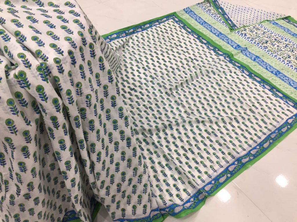 Ladies white booty pigment print office wear pure mulmul cotton sarees with blouse