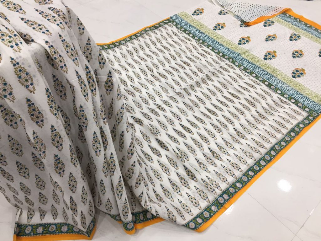 Ladies white pigment booty print office wear pure mulmul cotton sarees with blouse piece