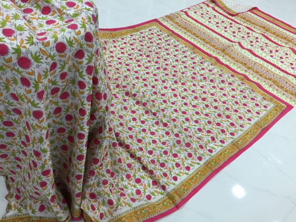 Ladies white pigment floral print office wear pure mulmul cotton sarees with blouse piece
