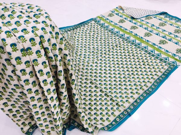 Ladies white green pigment booty print party wear pure mulmul cotton sarees with blouse piece