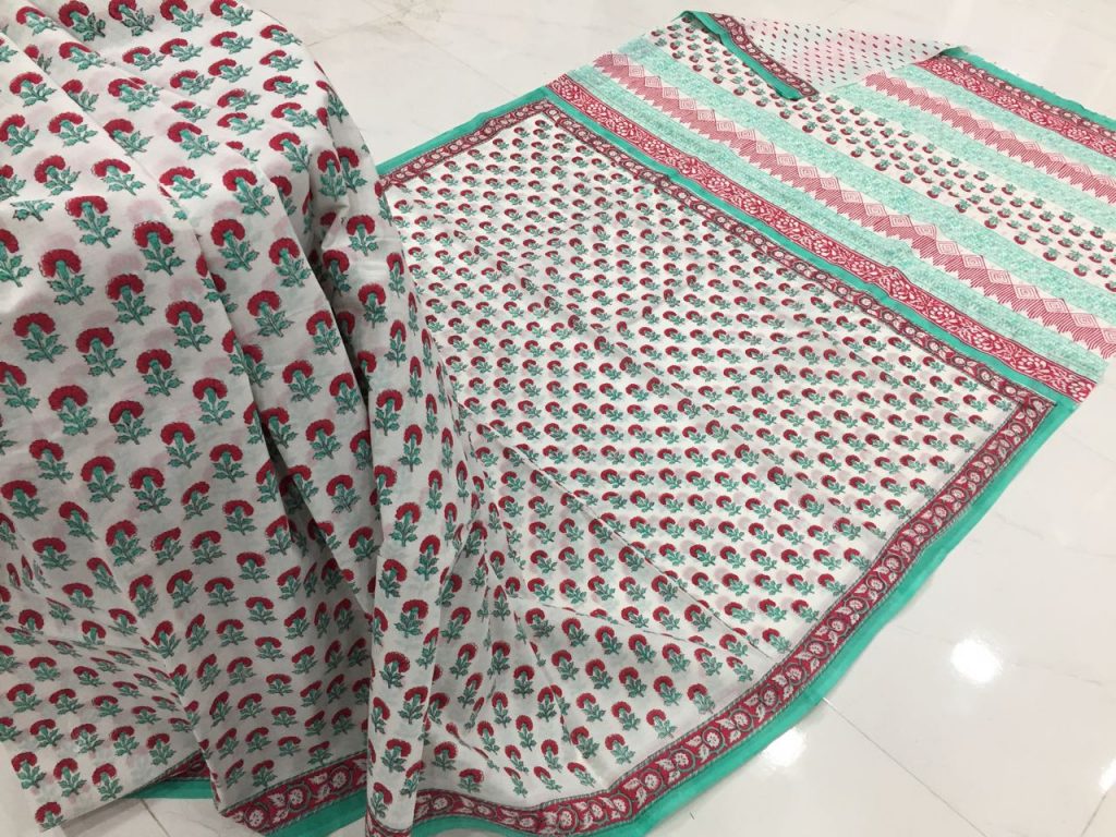 Ladies white red pigment booty print party wear pure mulmul cotton sarees with blouse piece