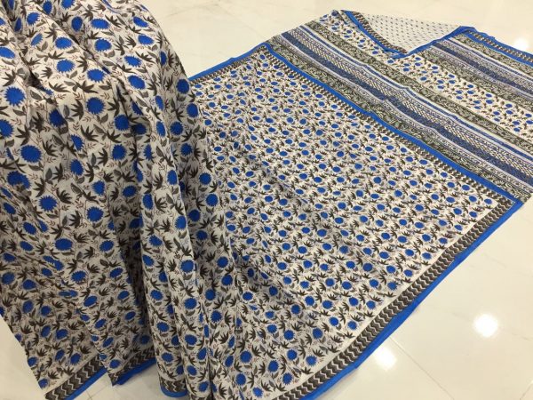 Ladies champagne pigment booty print party wear pure mulmul cotton sarees with blouse piece