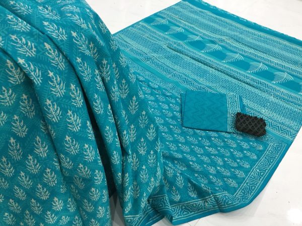 Traditional blue green pigment booty print mulmul cotton sarees with blouse piece