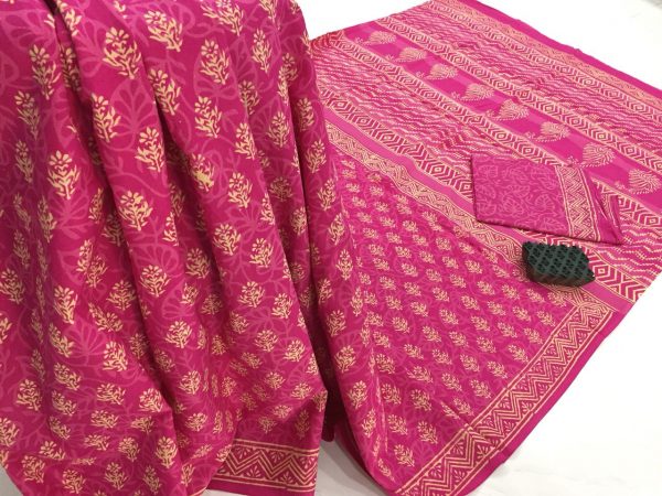 Traditional rose pigment booty print party wear pure mulmul cotton sarees with blouse piece