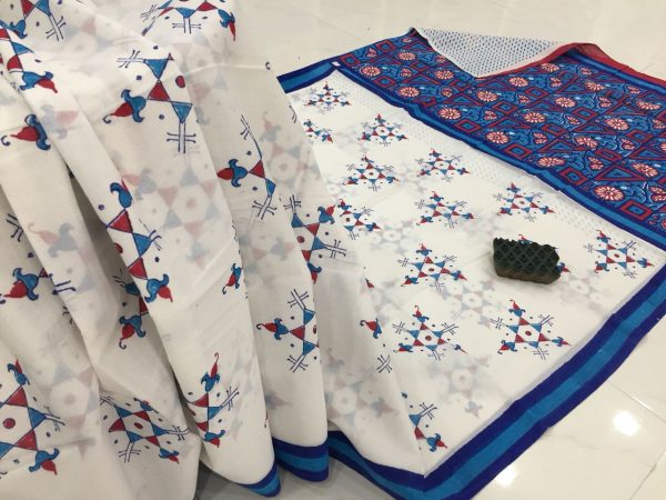 Traditional white pigment print office wear pure mulmul cotton sarees with blouse piece