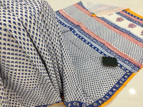 Traditional white blue pigment booty print office wear pure mulmul cotton sarees with blouse piece