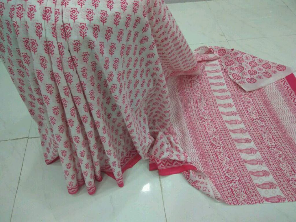 White pink pigment booty print party wear pure cotton mulmul saree with blouse piece