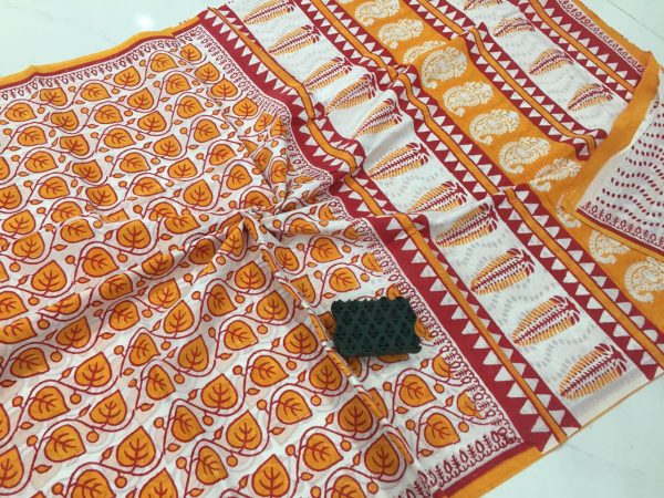 Traditional white pigment leaf print office wear pure mulmul cotton sarees with blouse piece