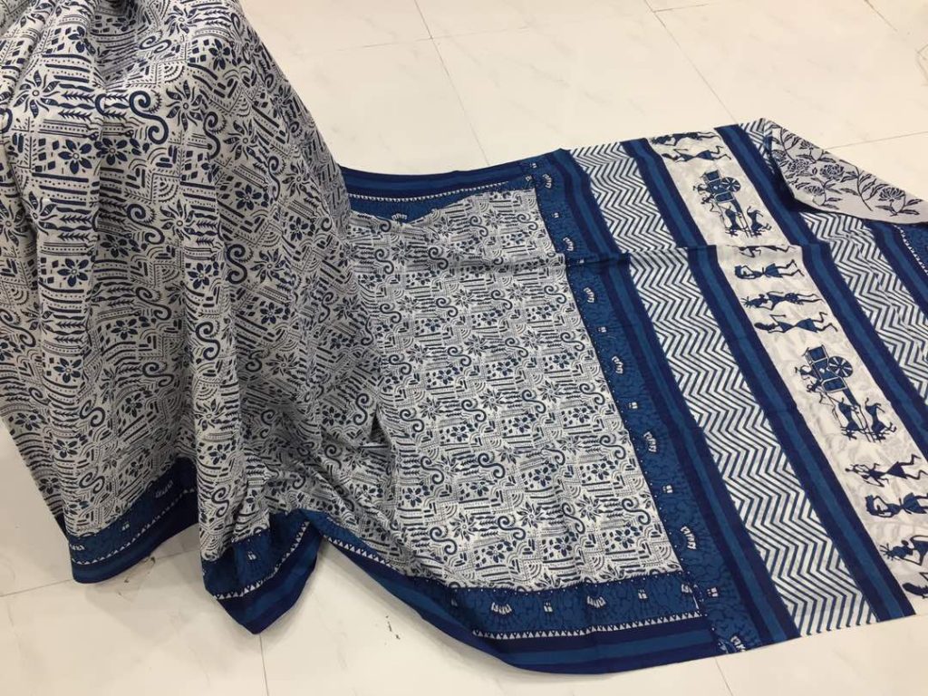 White blue pigment baggi print party wear pure cotton mulmul saree with blouse piece